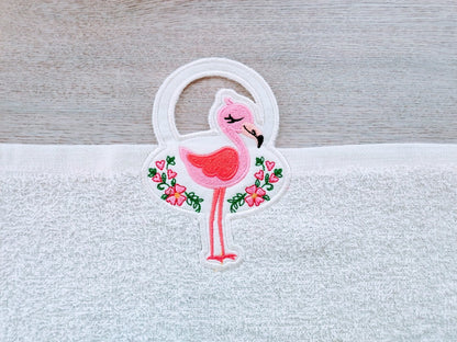 Little pretty flamingo with flowers and hearts towel hanging hole in the hoop ITH machine embroidery designs