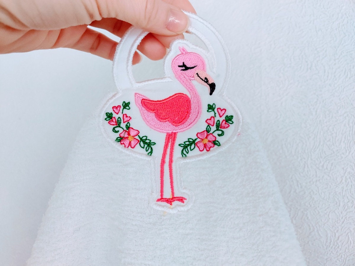 Little pretty flamingo with flowers and hearts towel hanging hole in the hoop ITH machine embroidery designs