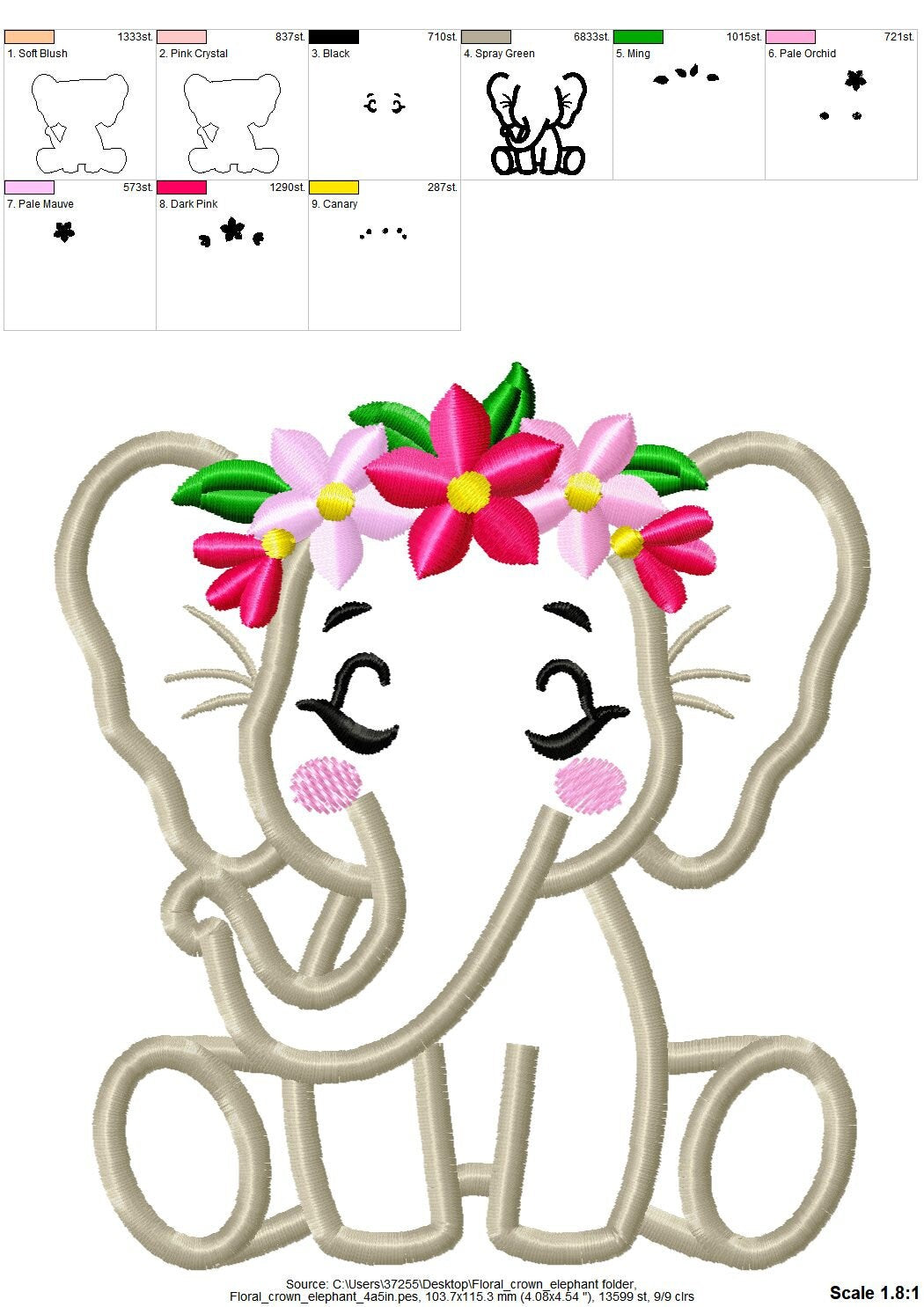Floral Little Elephant – Sizes 4" 4.5" 5" 6" 7" 10" Digital Embroidery File | Artapli