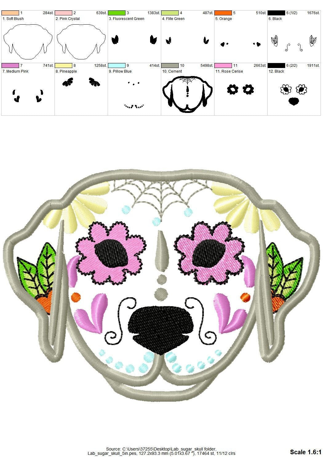 Labrador Sugar Skull Applique Embroidery 3" 3.5" 4" 5" 5.5" 7" | PES DST JEF | Artapli