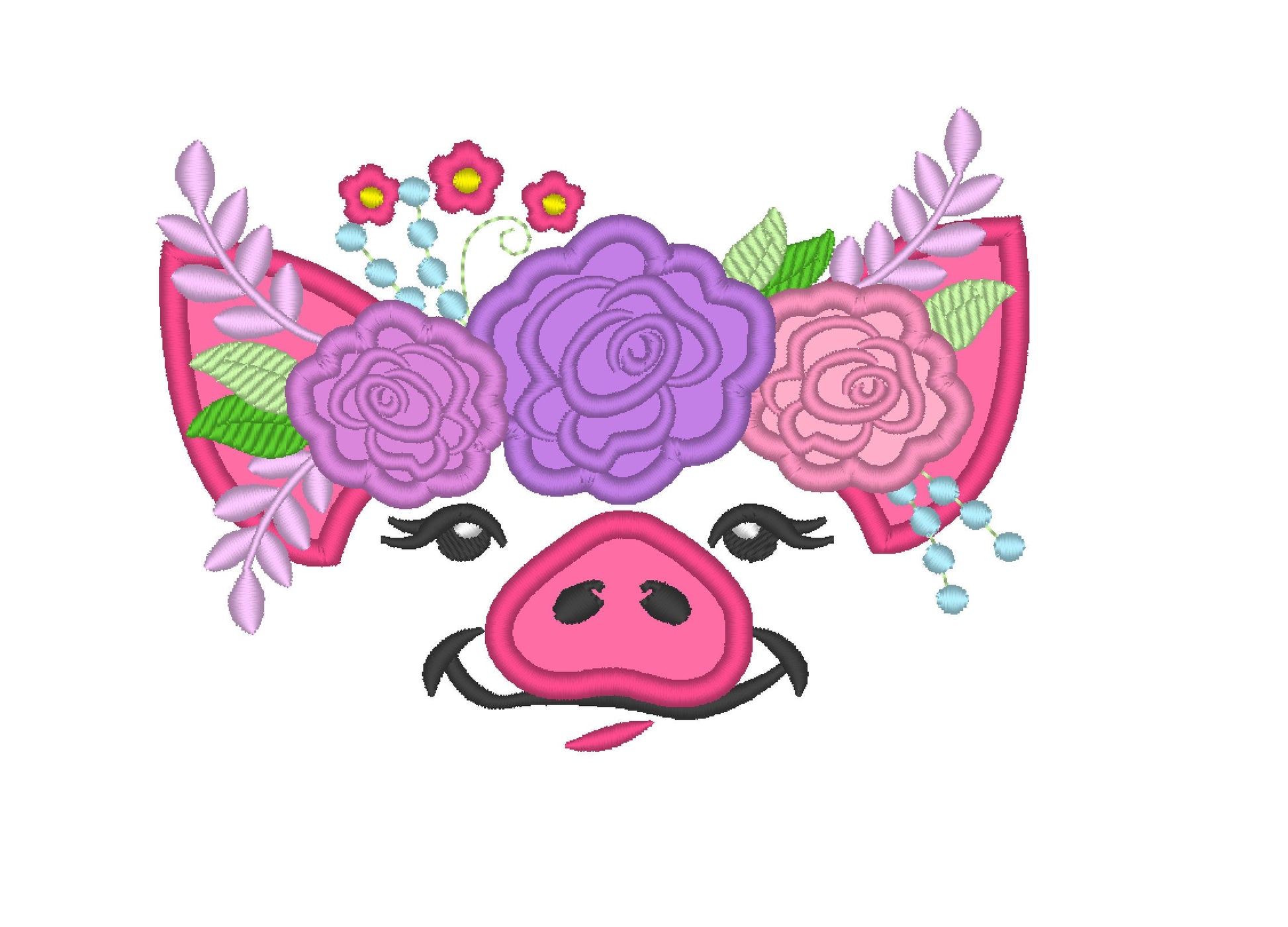 Pretty eyes Pig face with shabby chic rose floral crown Applique machine embroidery designs Piggie Piggy Piglet farm girl