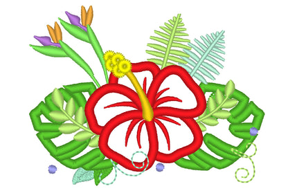 Tropical flowers big leaves hibiscus flower crown applique machine embroidery design Summer floral bouquet blossom leaf applique design