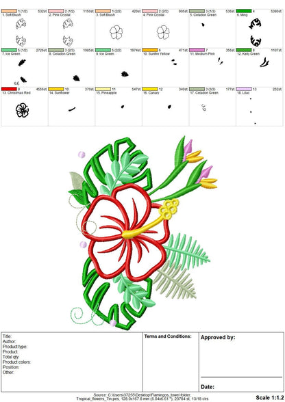 Tropical flowers big leaves hibiscus flower crown applique machine embroidery design Summer floral bouquet blossom leaf applique design
