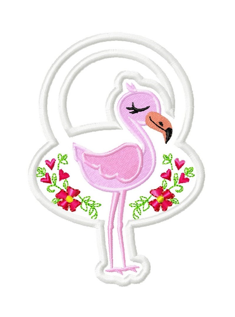 Little pretty flamingo with flowers and hearts towel hanging hole in the hoop ITH machine embroidery designs