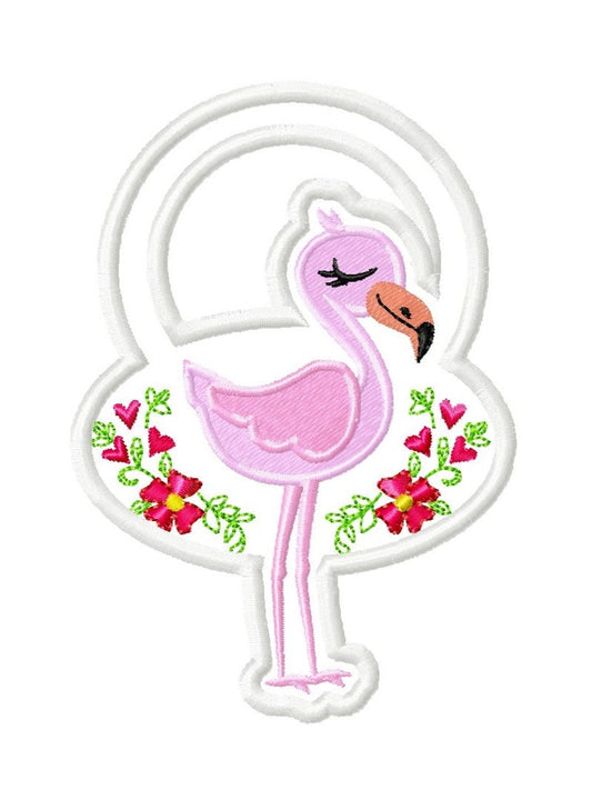 Little pretty flamingo with flowers and hearts towel hanging hole in the hoop ITH machine embroidery designs
