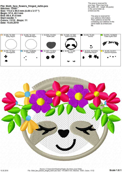 Pretty Floral Sloth face fringed hair machine embroidery designs
