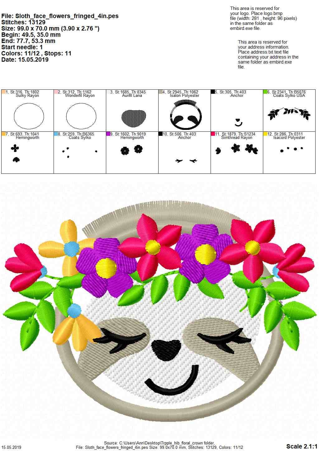 Pretty Floral Sloth face fringed hair machine embroidery designs