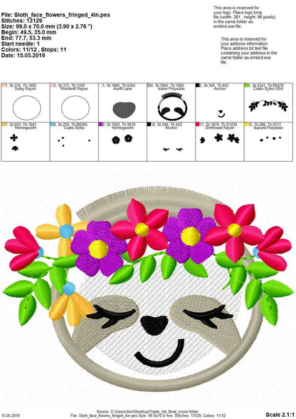 Pretty Floral Sloth face fringed hair machine embroidery designs