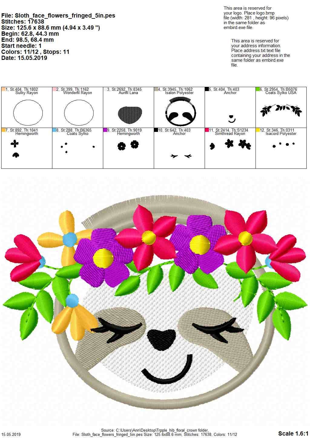 Pretty Floral Sloth face fringed hair machine embroidery designs