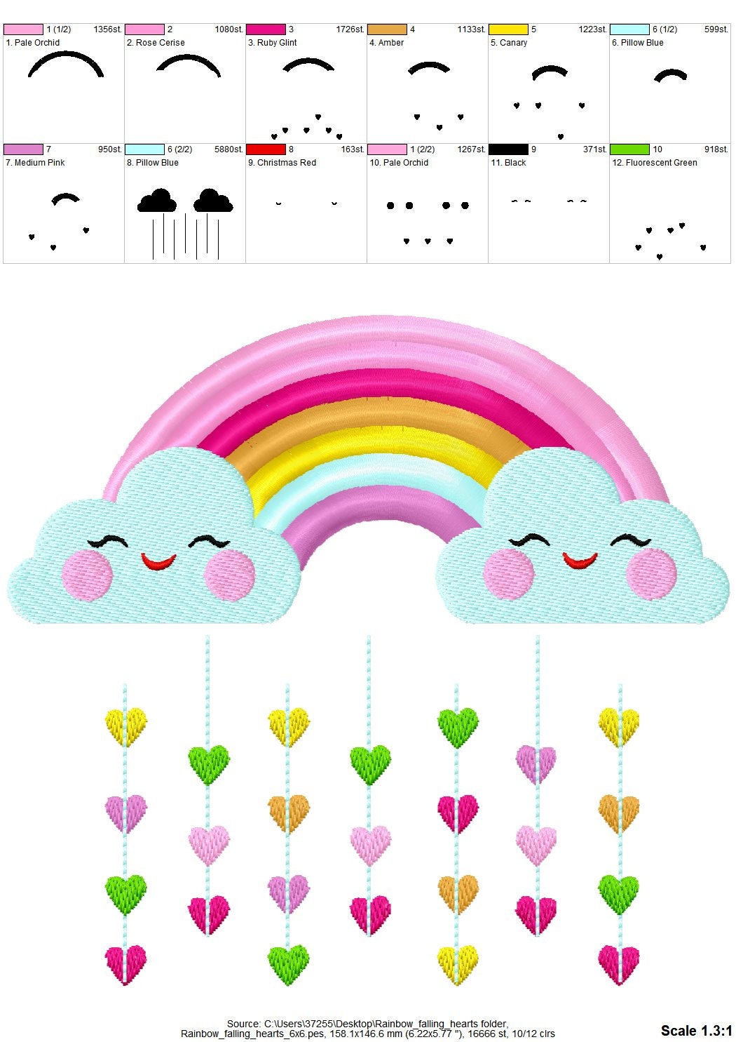 Cute Rainbow with pretty clouds and rainy falling hearts machine embroidery designs