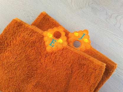 Monogram fringe towel topper bath towel hanging hole In The Hoop machine embroidery designs ITH project towel hanger whole alphabet A-Z incl