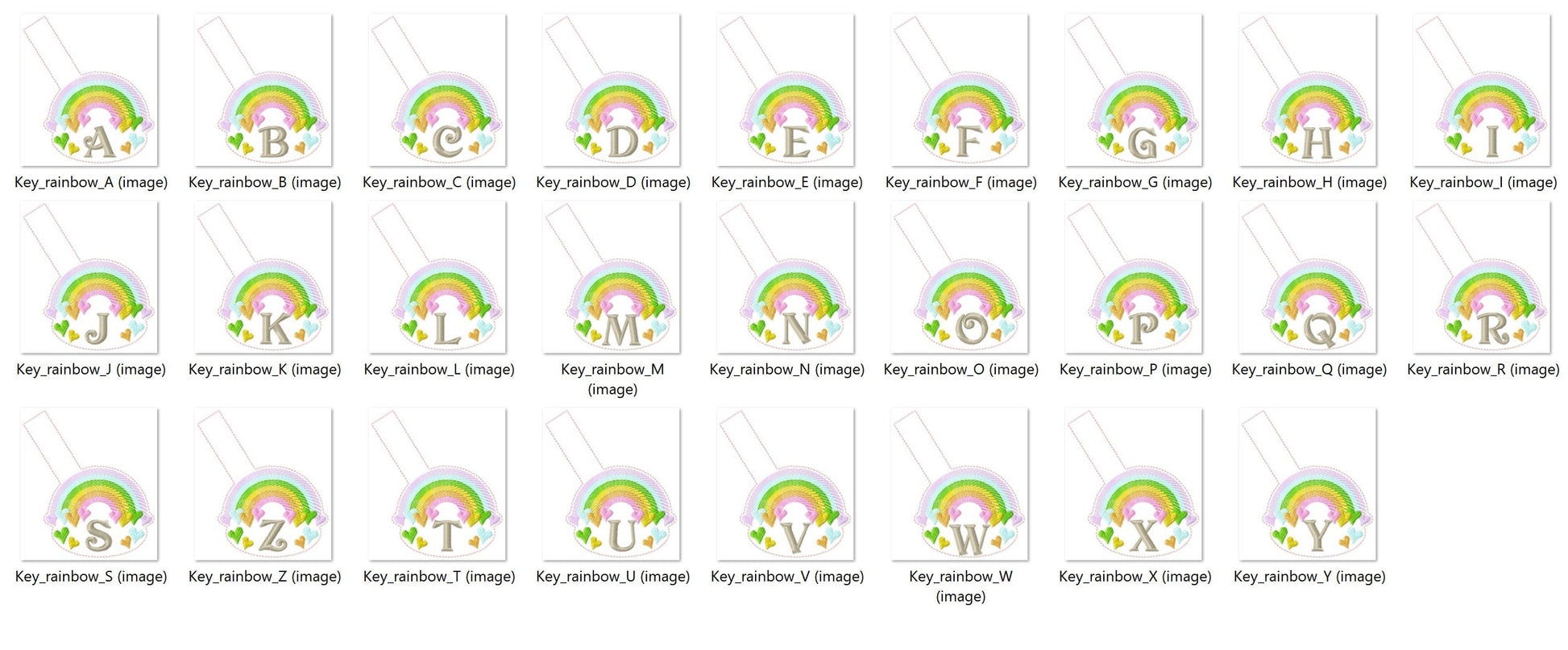 Falling Heart Rainbow Monogram Monograms Alphabet Key Fob ITH Snap Tab Keyfob Machine Embroidery Designs in the Hoop