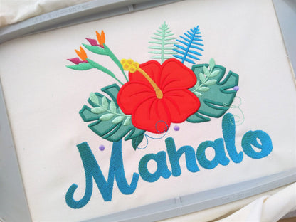 Tropical flowers big leaves hibiscus flower crown applique machine embroidery design Summer floral bouquet blossom leaf applique design