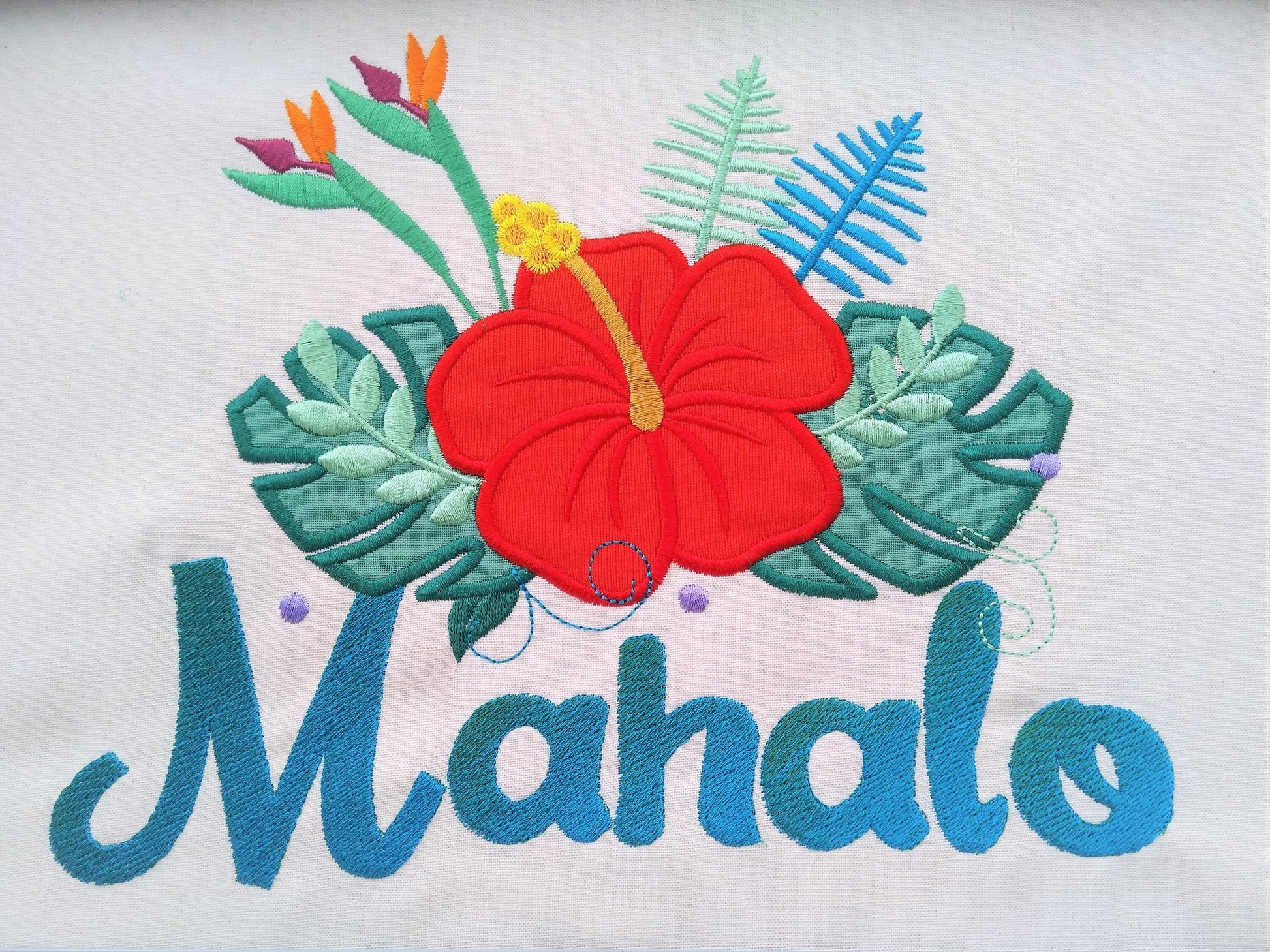 Tropical flowers big leaves hibiscus flower crown applique machine embroidery design Summer floral bouquet blossom leaf applique design