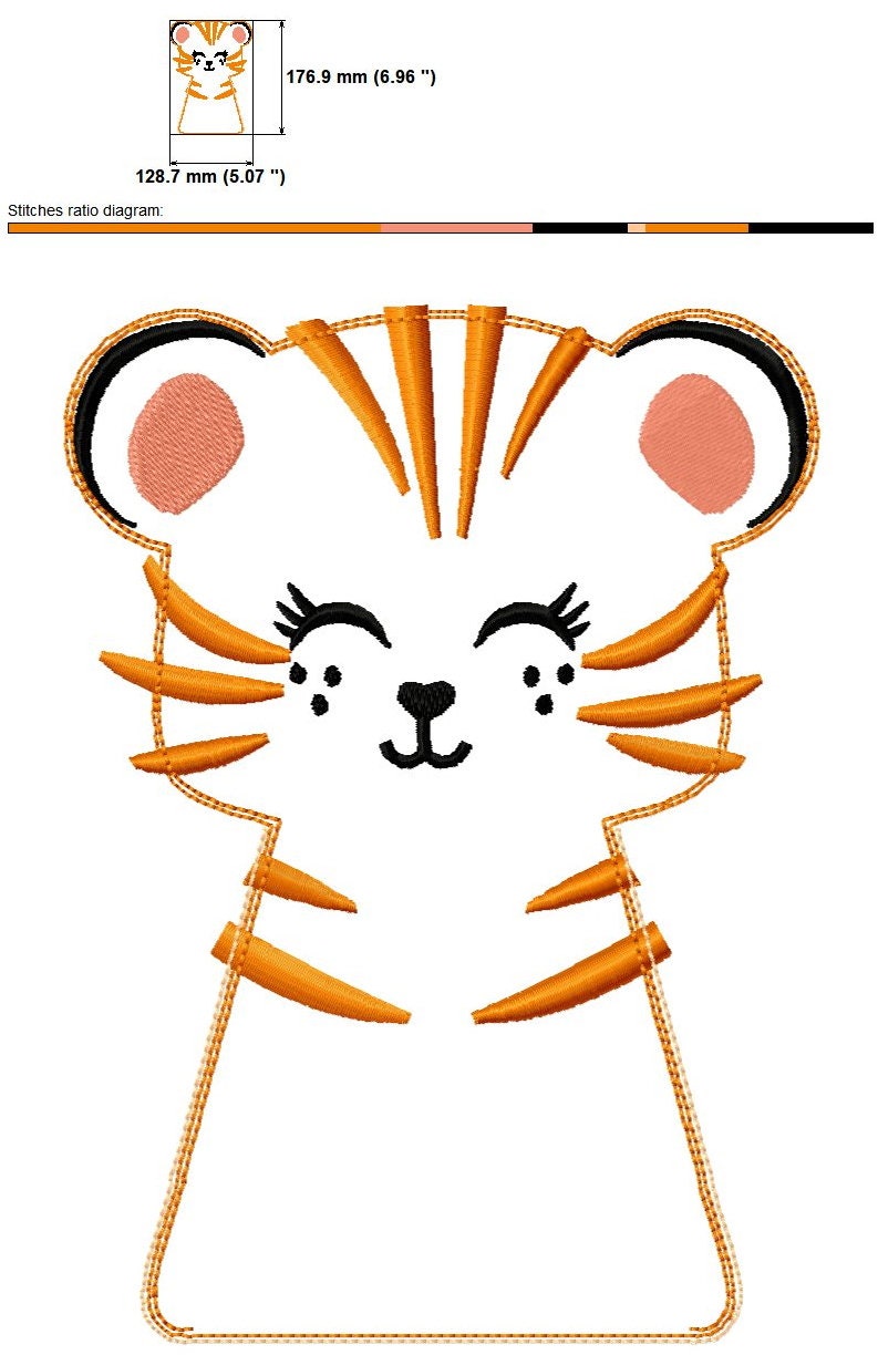Pretty Tiger 2 types ITH – Sizes 5" 7" Digital Embroidery File | Artapli