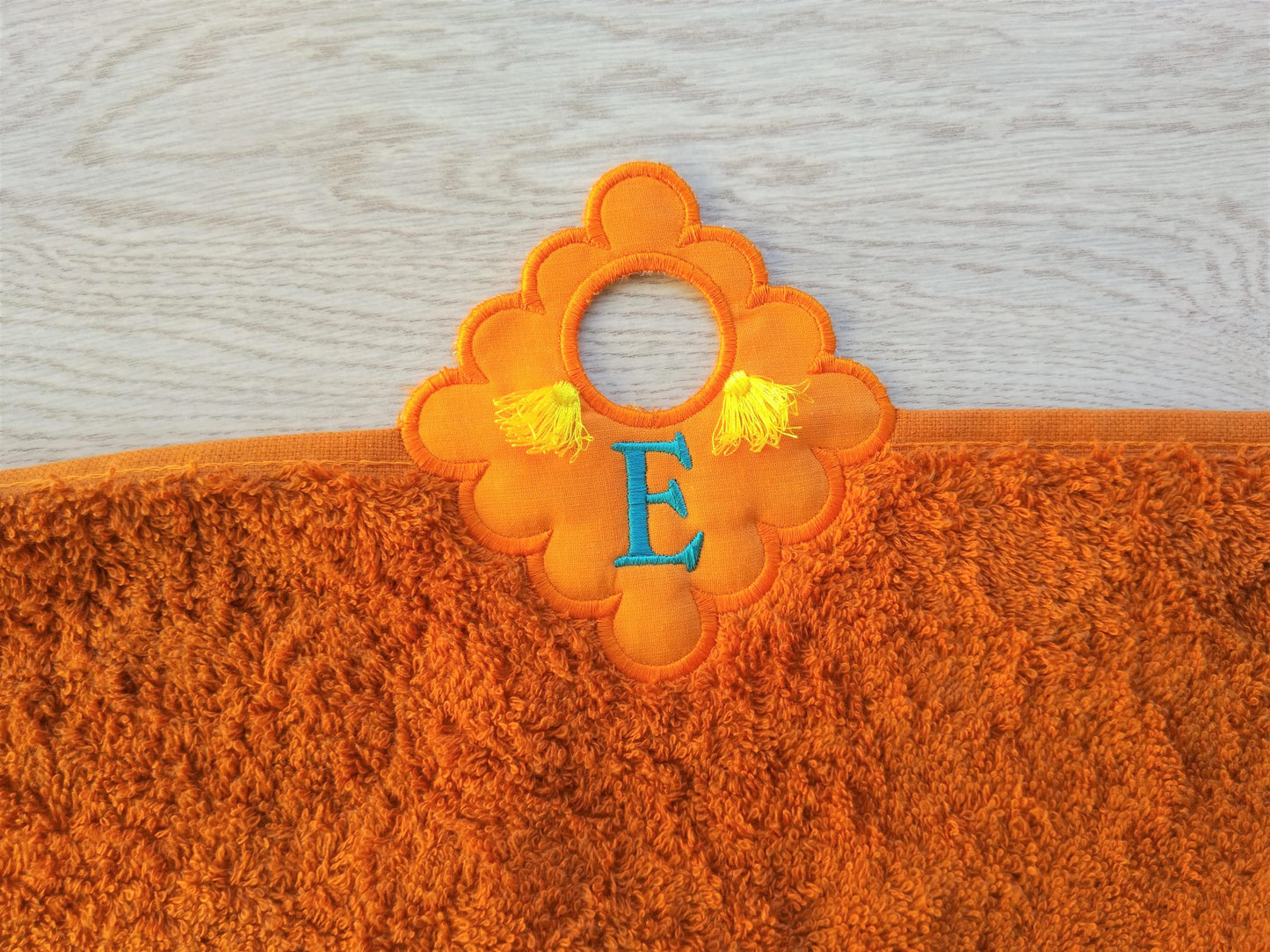 Monogram fringe towel topper bath towel hanging hole In The Hoop machine embroidery designs ITH project towel hanger whole alphabet A-Z incl