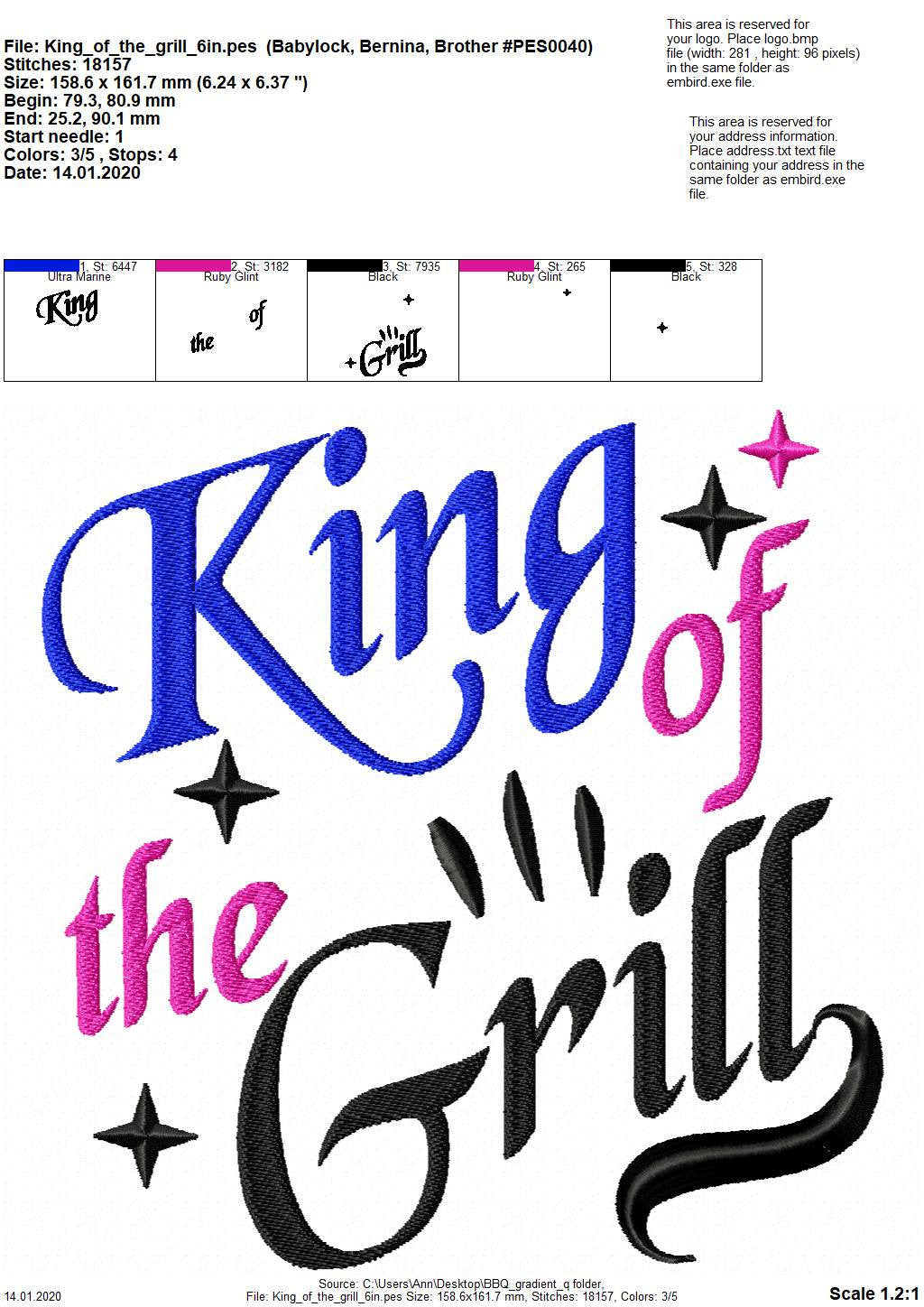 King of the Grill Saying – Sizes 4" 5" 6" 7" 8" 10" Digital Embroidery File | Artapli