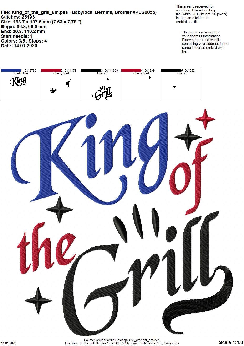 King of the Grill Saying – Apron machine embroidery design by Artapli
