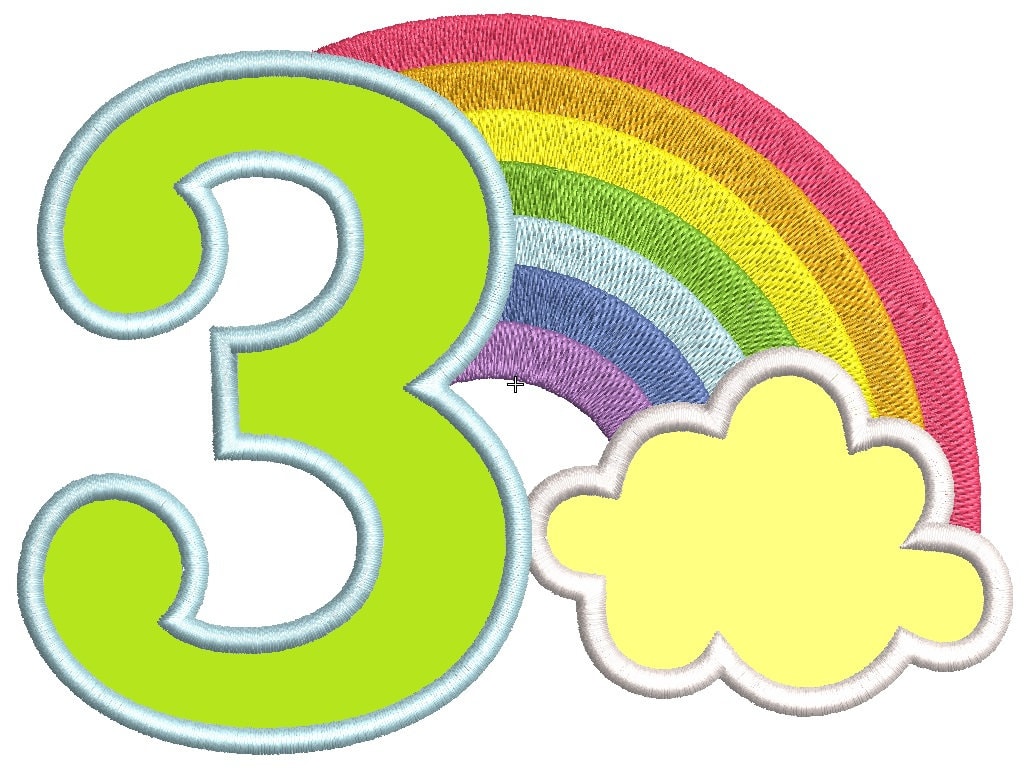 Rainbow in Cloud Birthday Number 3 Three – Sizes 4" 5" 6" 7" 8" 10" Digital Embroidery File | Artapli