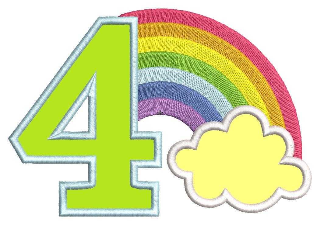 Rainbow in Cloud Birthday Number Four – Sizes 4" 5" 6" 7" 8" 10" Digital Embroidery File | Artapli