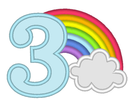 Rainbow in Cloud Birthday Number 3 Three Applique Embroidery 4" 5" 6" 7" 8" 10" | PES DST JEF | Artapli