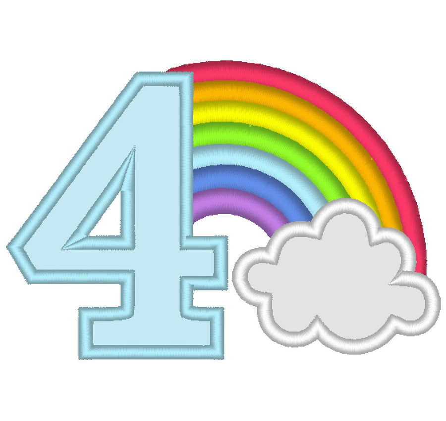 Rainbow in Cloud Birthday Number Four Applique Embroidery 4" 5" 6" 7" 8" 10" | PES DST JEF | Artapli