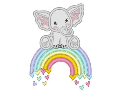 Cute Little Elephant applique and Rainbow falling hearts machine embroidery designs kids baby boy girl