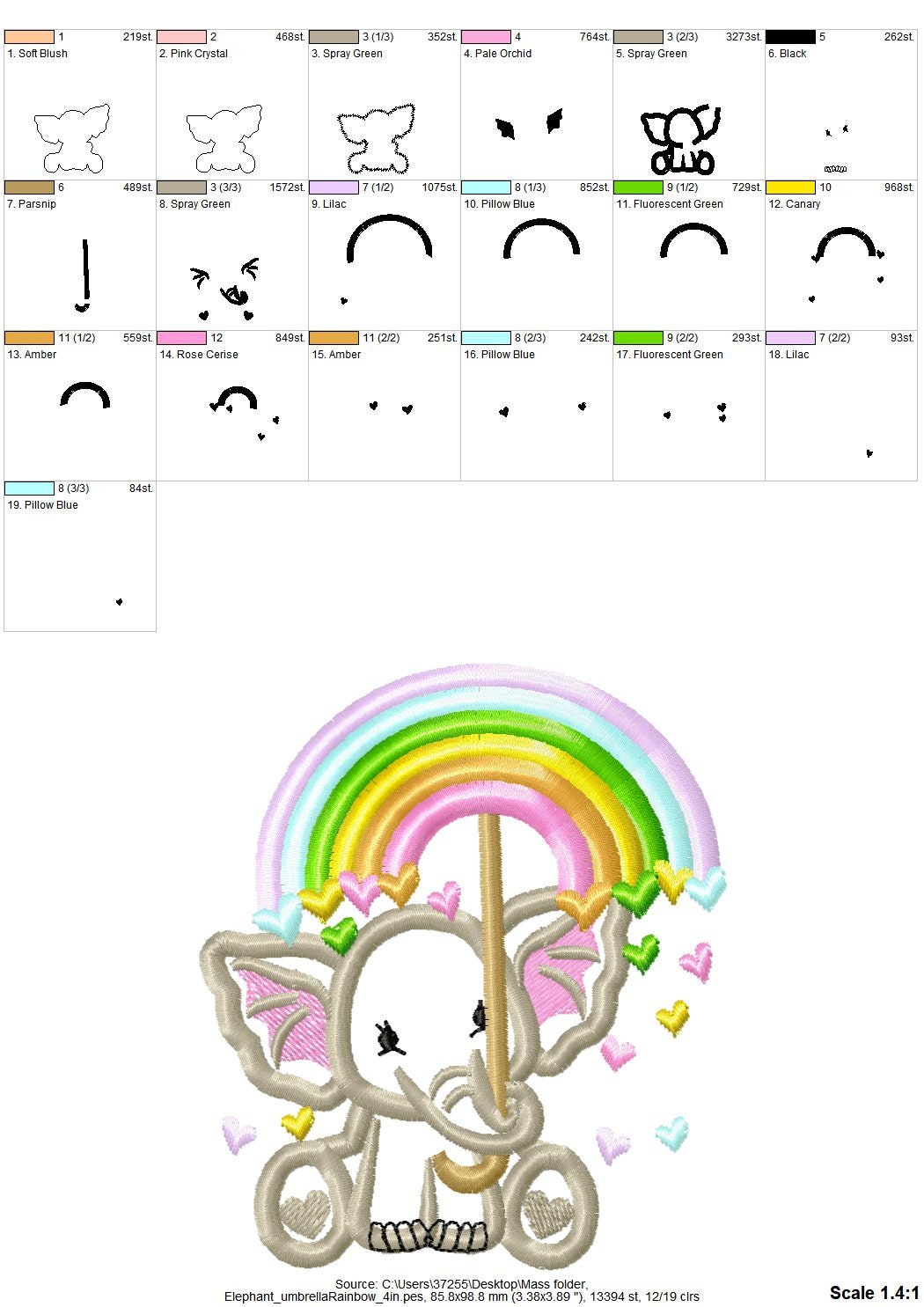 Cute Little Elephant holding up Rainbow Umbrella falling hearts machine embroidery applique design baby kids