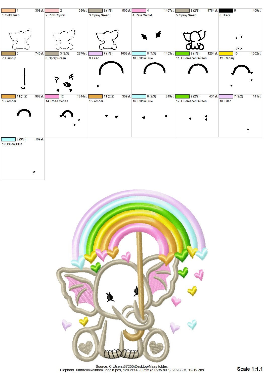 Cute Little Elephant holding up Rainbow Umbrella falling hearts machine embroidery applique design baby kids