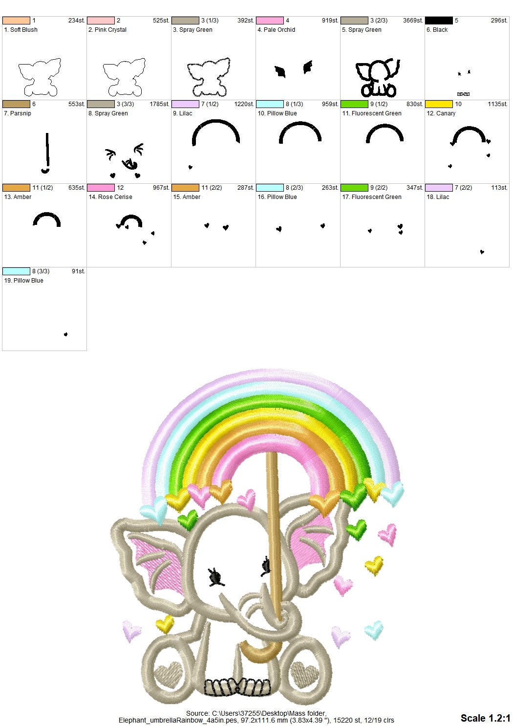 Cute Little Elephant holding up Rainbow Umbrella falling hearts machine embroidery applique design baby kids