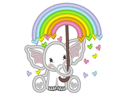 Cute Little Elephant holding up Rainbow Umbrella falling hearts machine embroidery applique design baby kids