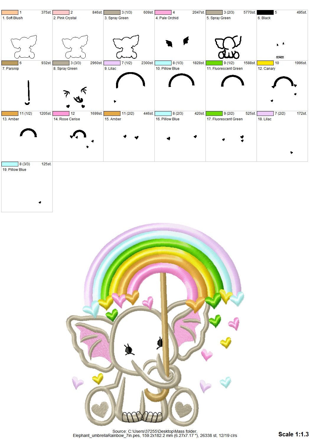 Cute Little Elephant holding up Rainbow Umbrella falling hearts machine embroidery applique design baby kids