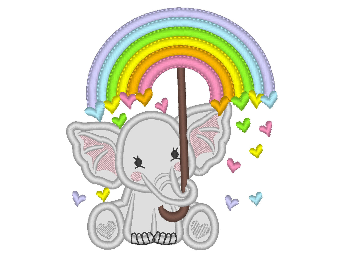 Cute Little Elephant holding up Rainbow Umbrella falling hearts machine embroidery applique design baby kids