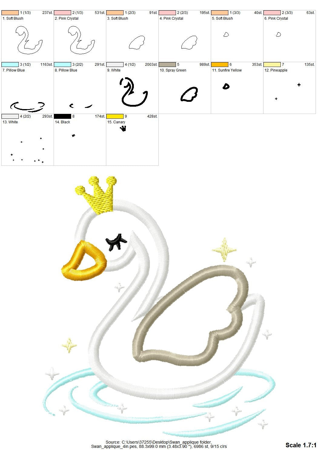 Little Swan Princess – Sizes 4" 4.5" 5" 5.5" 6" 7" Digital Embroidery File | Artapli