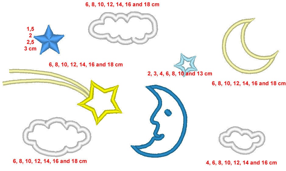 Single Starry Sky element set Moon Cloud Comet Star applique machine embroidery designs