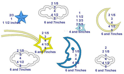 Single Starry Sky element set Moon Cloud Comet Star applique machine embroidery designs