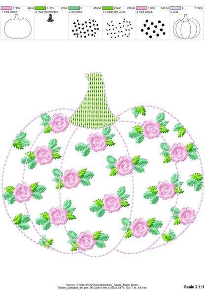 Free edge raggedy Rose Floral Pumpkin machine embroidery applique designs size 4, 5, 6, 8 inches Thanksgiving fall autumn embroidery