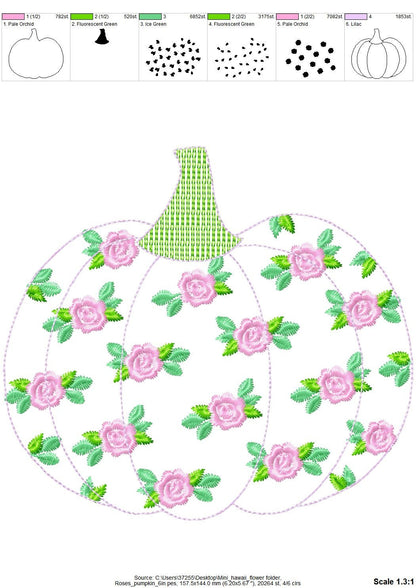 Free edge raggedy Rose Floral Pumpkin machine embroidery applique designs size 4, 5, 6, 8 inches Thanksgiving fall autumn embroidery