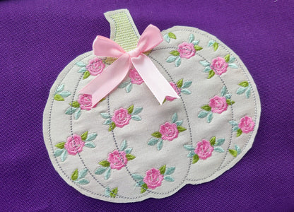 Free edge raggedy Rose Floral Pumpkin machine embroidery applique designs size 4, 5, 6, 8 inches Thanksgiving fall autumn embroidery