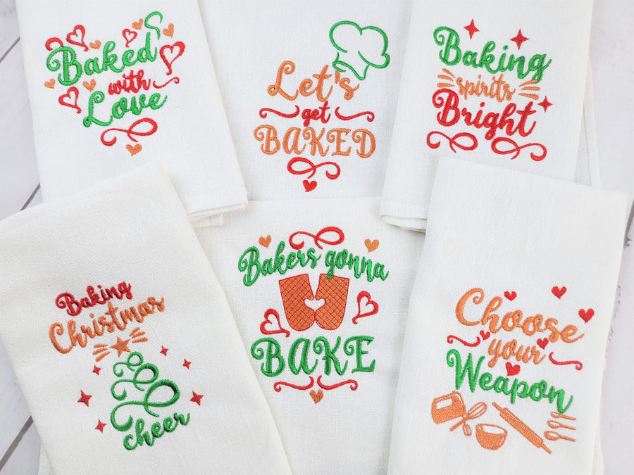 Quick Merry Christmas kitchen baking towel machine embroidery designs SET of 6 designs kitchen dish towel quote saying apron
