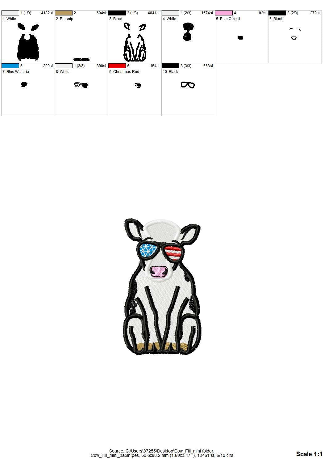 MINI sitting Cow aviator glasses – 4th July machine embroidery design by Artapli