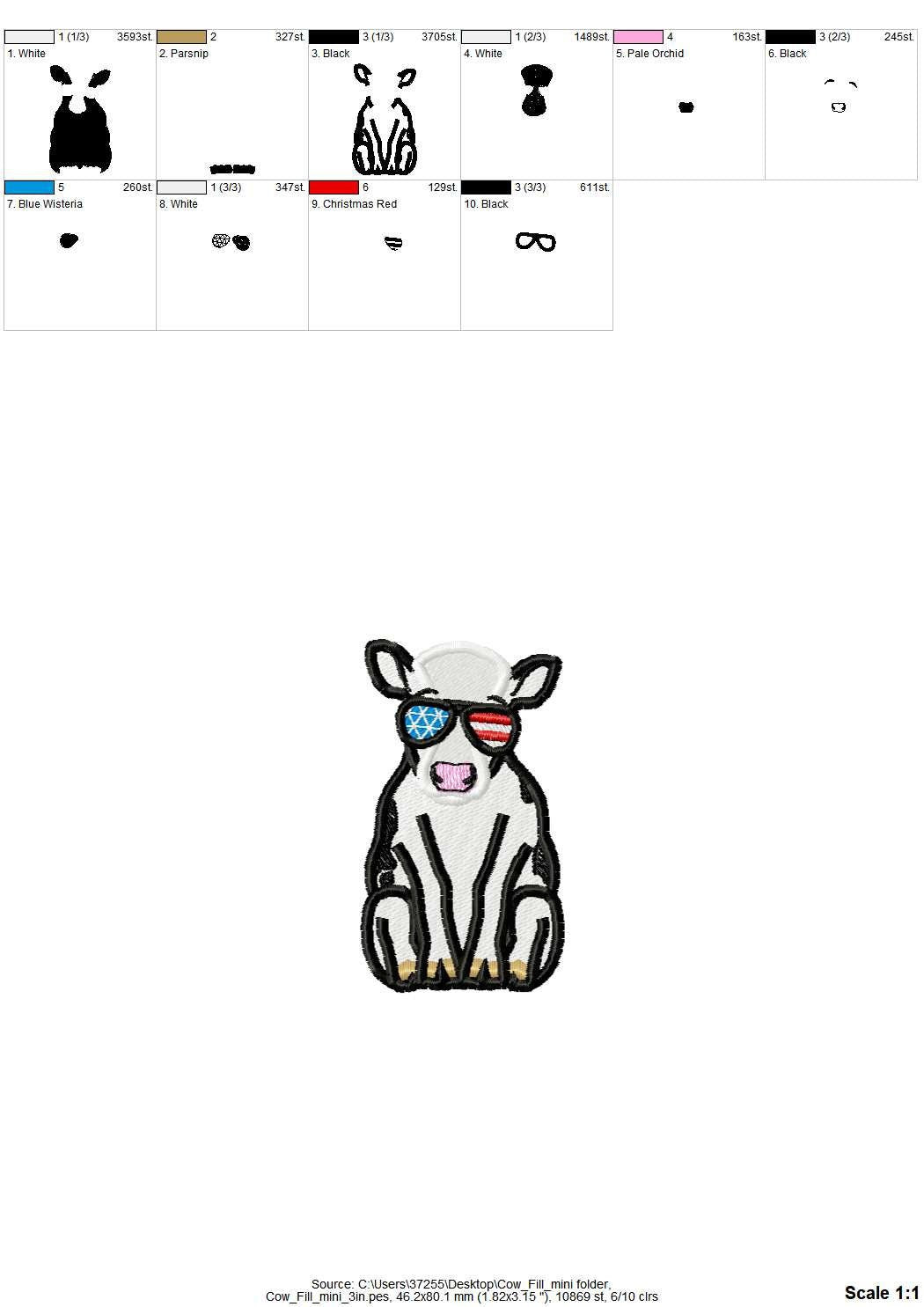 MINI sitting Cow aviator glasses – Sizes 2.5" 3" 3.5" 4" Digital Embroidery File | Artapli