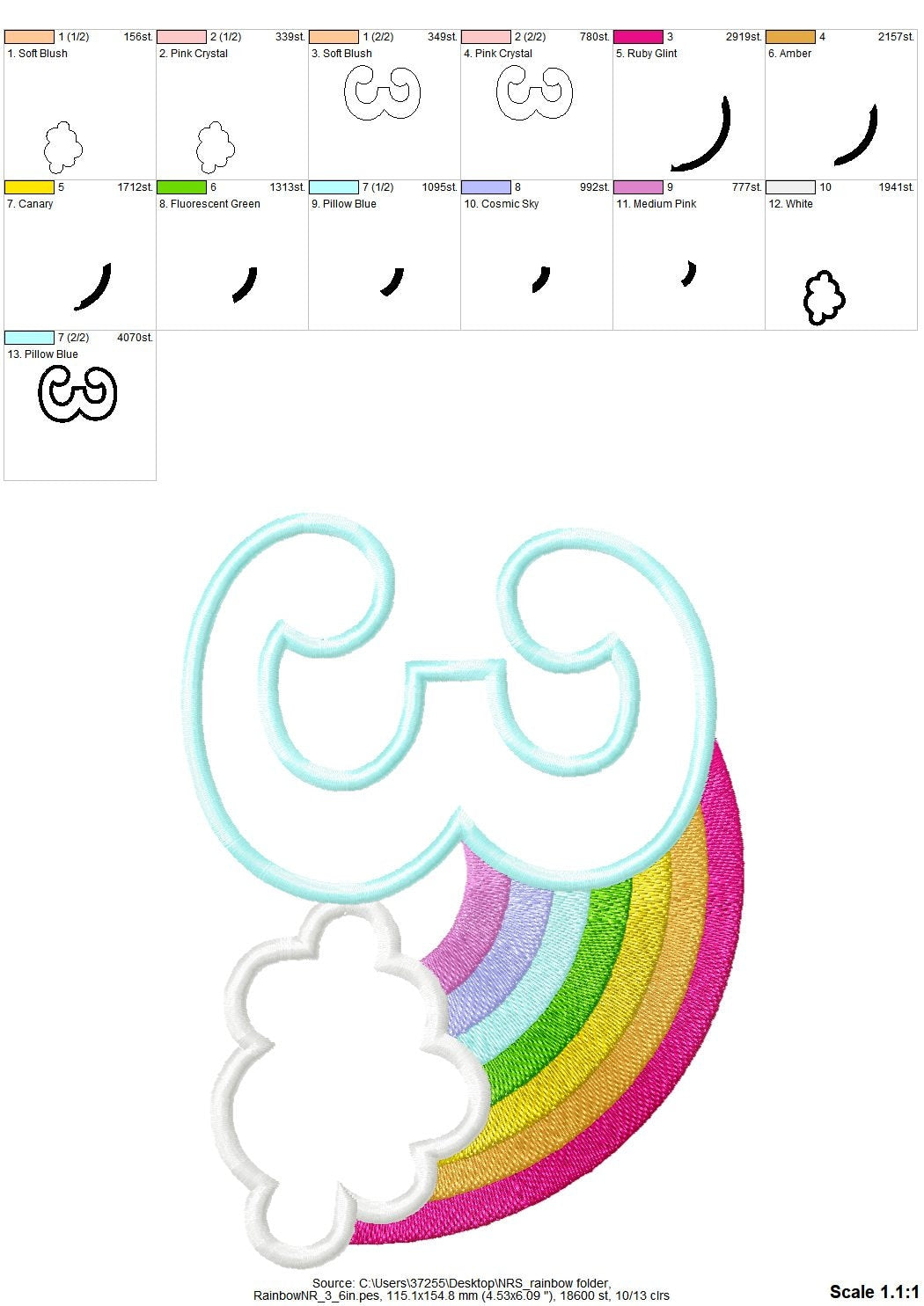Rainbow in Cloud Birthday Number 3 Three – Appliqué machine embroidery design by Artapli