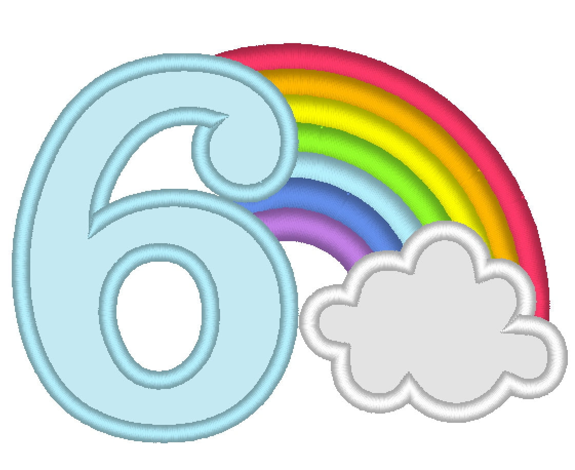Rainbow in Cloud Birthday Number 6 Six Applique Embroidery 4" 5" 6" 7" 8" 10" | PES DST JEF | Artapli