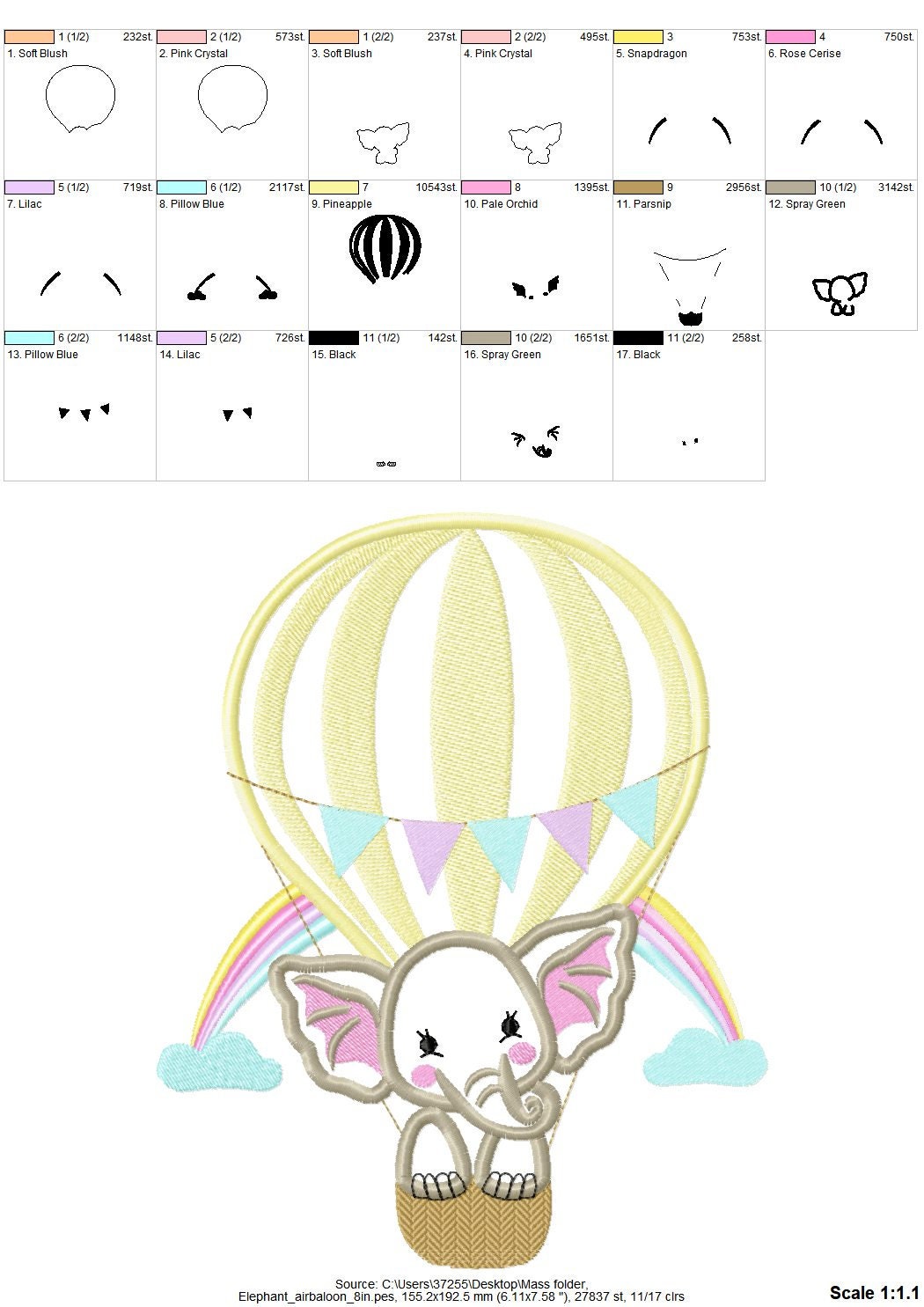 Little Elephant travelling in a hot air – Birthday embroidery design by Artapli