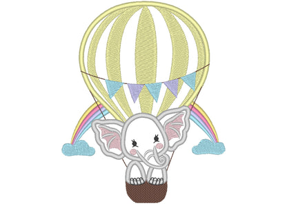 Little Elephant travelling in a hot air Applique Embroidery 6" 7" 8" 5" 10" | PES DST JEF | Artapli