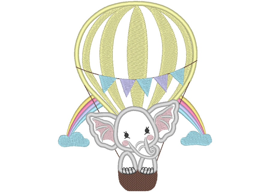 Little Elephant travelling in a hot air Applique Embroidery 6" 7" 8" 5" 10" | PES DST JEF | Artapli