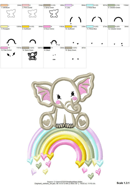 Cute Little Elephant applique and Rainbow falling hearts machine embroidery designs kids baby boy girl