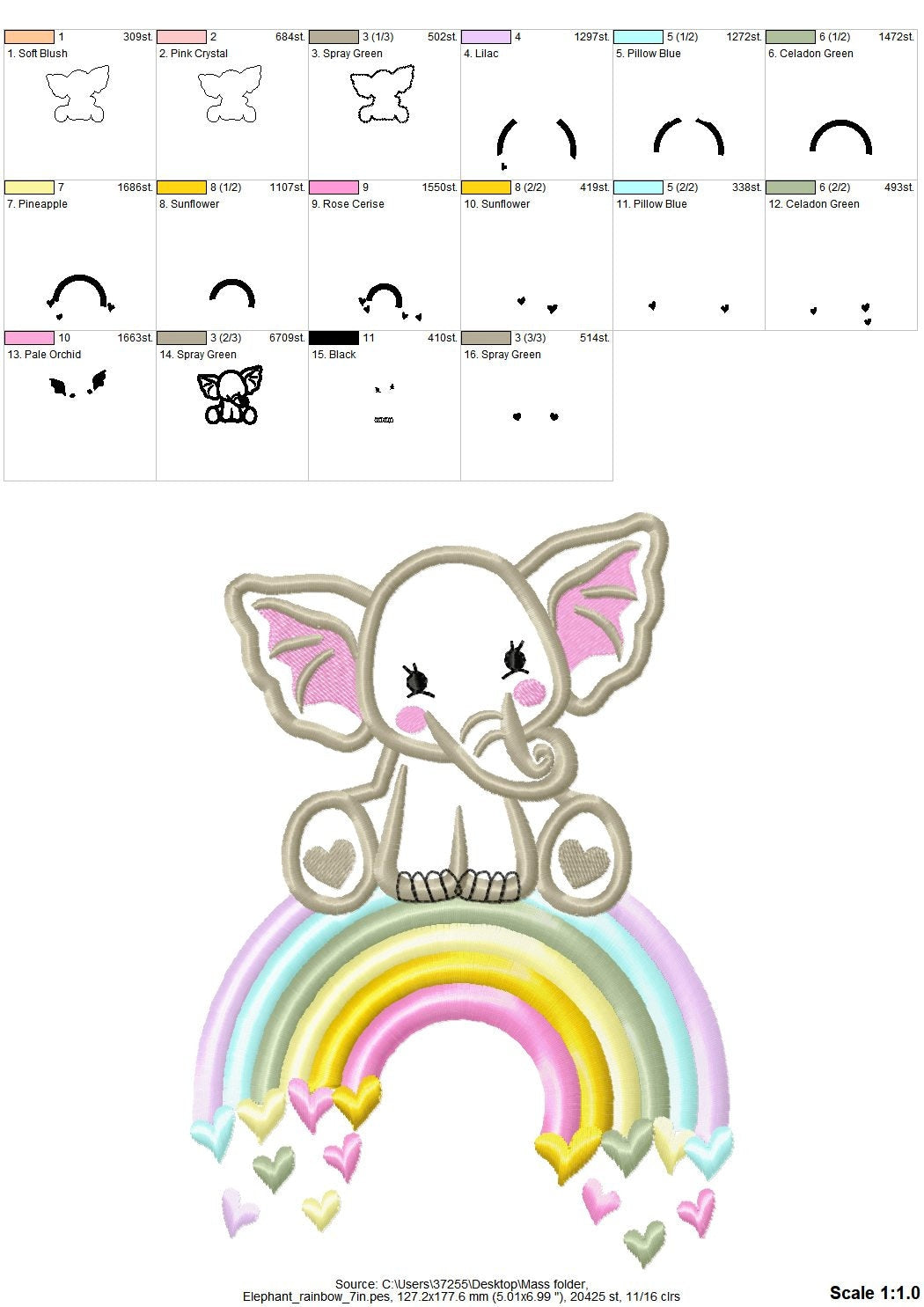 Cute Little Elephant applique and Rainbow falling hearts machine embroidery designs kids baby boy girl