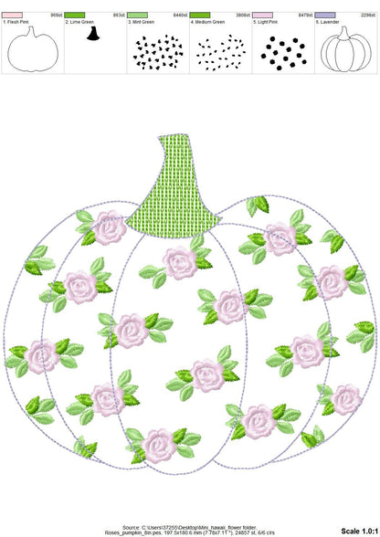 Free edge raggedy Rose Floral Pumpkin machine embroidery applique designs size 4, 5, 6, 8 inches Thanksgiving fall autumn embroidery